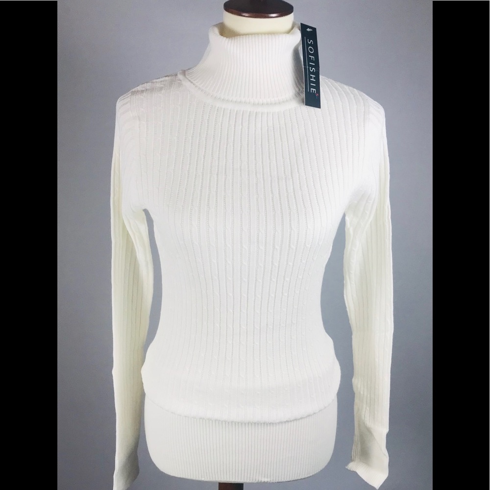 Sofishie M White Turtleneck CableKnit Long Sweater